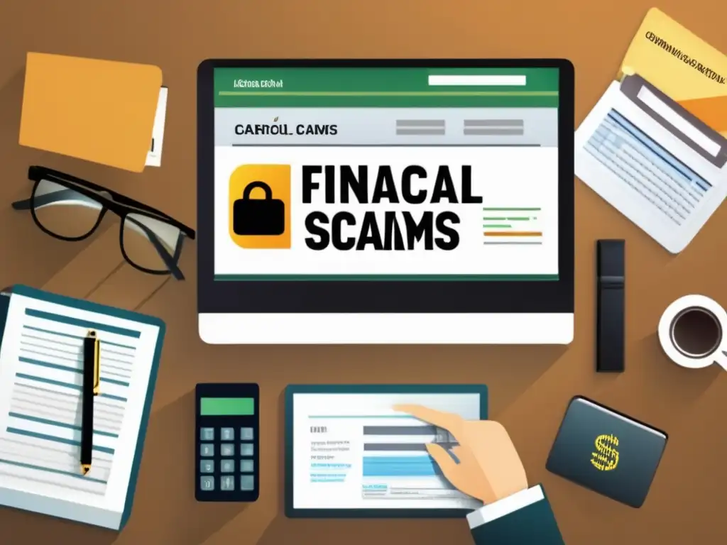 Oficina moderna: advertencia de estafas financieras Imagen: Oficina moderna con mensaje de estafas financieras - Proteger dinero