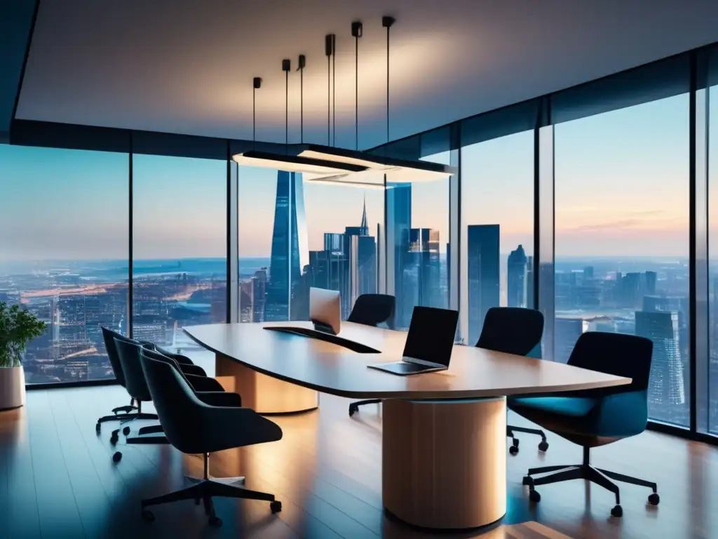 Oficina moderna con vista a la ciudad y profesionales comprometidos en inversiones responsables Imagen de oficina moderna con ventanales hacia una ciudad vibrante