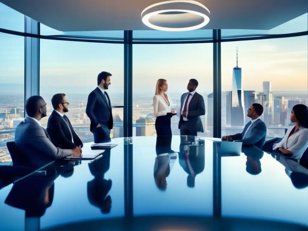 Oficina moderna con vista panorámica de la ciudad Imagen de oficina moderna con vista panorámica de la ciudad, profesionales discutiendo tácticas de gestión de riesgos en inversiones