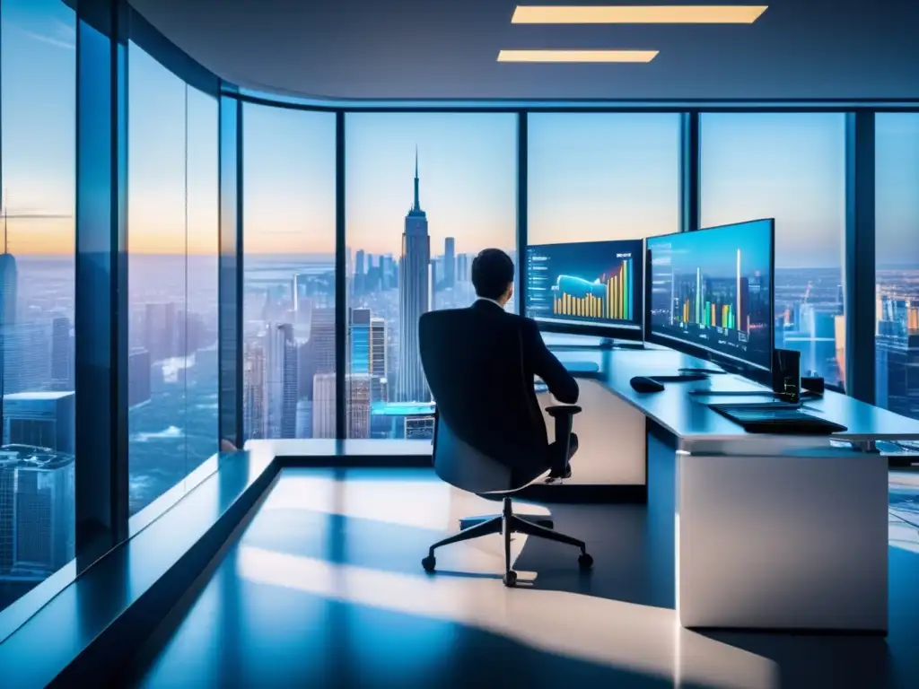 Oficina moderna con vista panorámica de la ciudad Imagen de oficina moderna con vista panorámica de la ciudad, mostrando estrategias de inversión activa