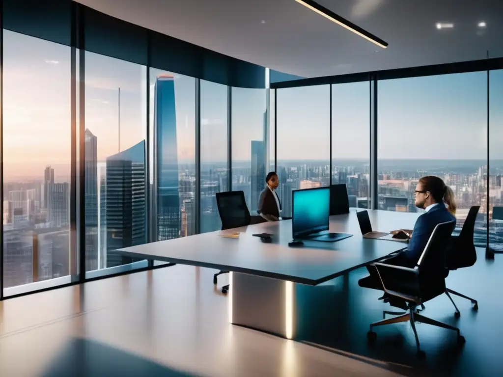 Oficina moderna con profesionales colaborando Imagen de oficina moderna con vista a la ciudad y profesionales discutiendo estrategias de inversión