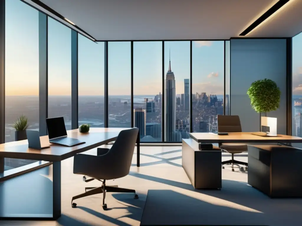 Oficina moderna con vista panorámica Imagen: Oficina moderna con vista a la ciudad, mobiliario contemporáneo y tecnología avanzada