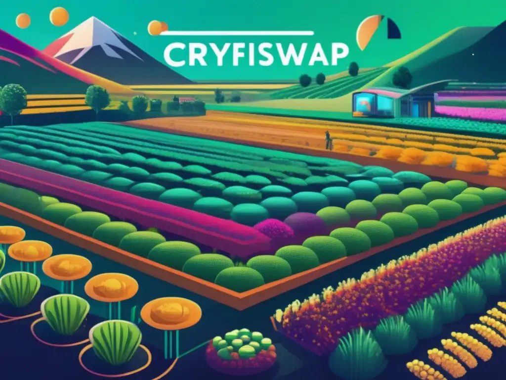Futuro de la agricultura cripto Imagen de paisaje digital futurista con cultivos cripto para multiplicar yield farming