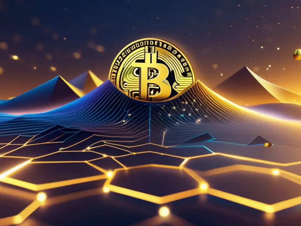Paisaje digital futurista: seguridad y ganancias en criptomonedas Imagen de paisaje digital futurista con red segura y nodos interconectados, representando ventajas y desventajas del staking de criptomonedas