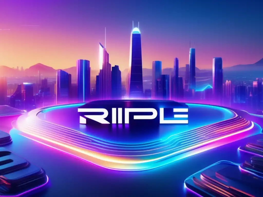 Futuro digital con Ripple en paisaje urbano Imagen 8k de paisaje digital futurista con logo Ripple brillante y ciudad iluminada