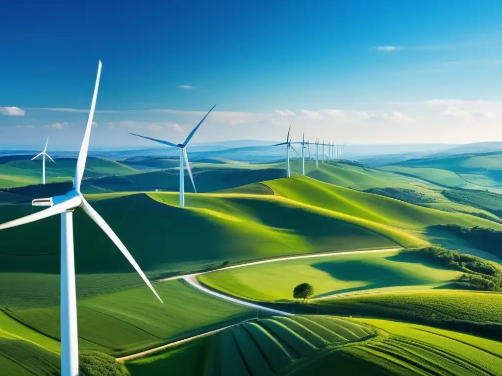 Hermoso paisaje verde con moderno parque eólico Imagen de paisaje verde con molinos de viento: Inversiones tecnología limpia futuro sostenible