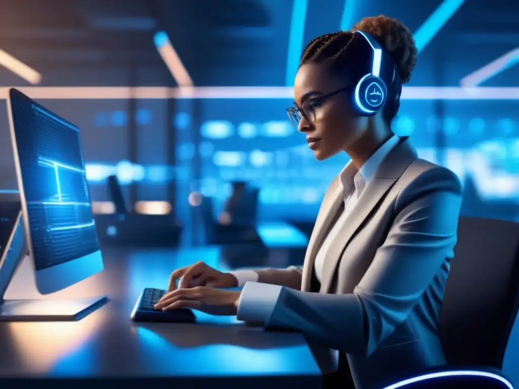 Persona trabajando en oficina segura Imagen 8K de persona en oficina segura, evita phishing (Phishing financiero: consejos para evitar trampas)