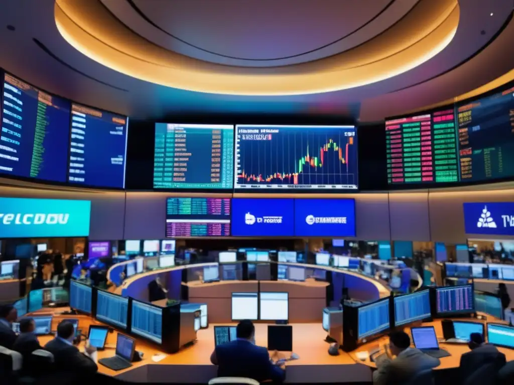 Traders en bullicioso piso de bolsa Imagen: Piso de bolsa con traders y pantallas de datos - Políticas monetarias e inversión financiera