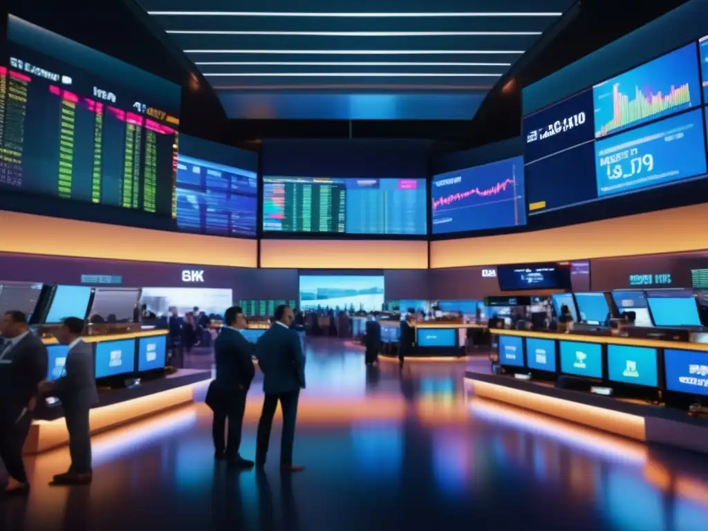 Traders analizando datos en la bolsa Imagen: Piso de bolsa con traders, análisis técnico y ambiente futurista
