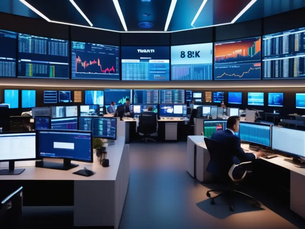Piso de trading financiero moderno Imagen: Piso financiero moderno con traders analizando datos en tiempo real