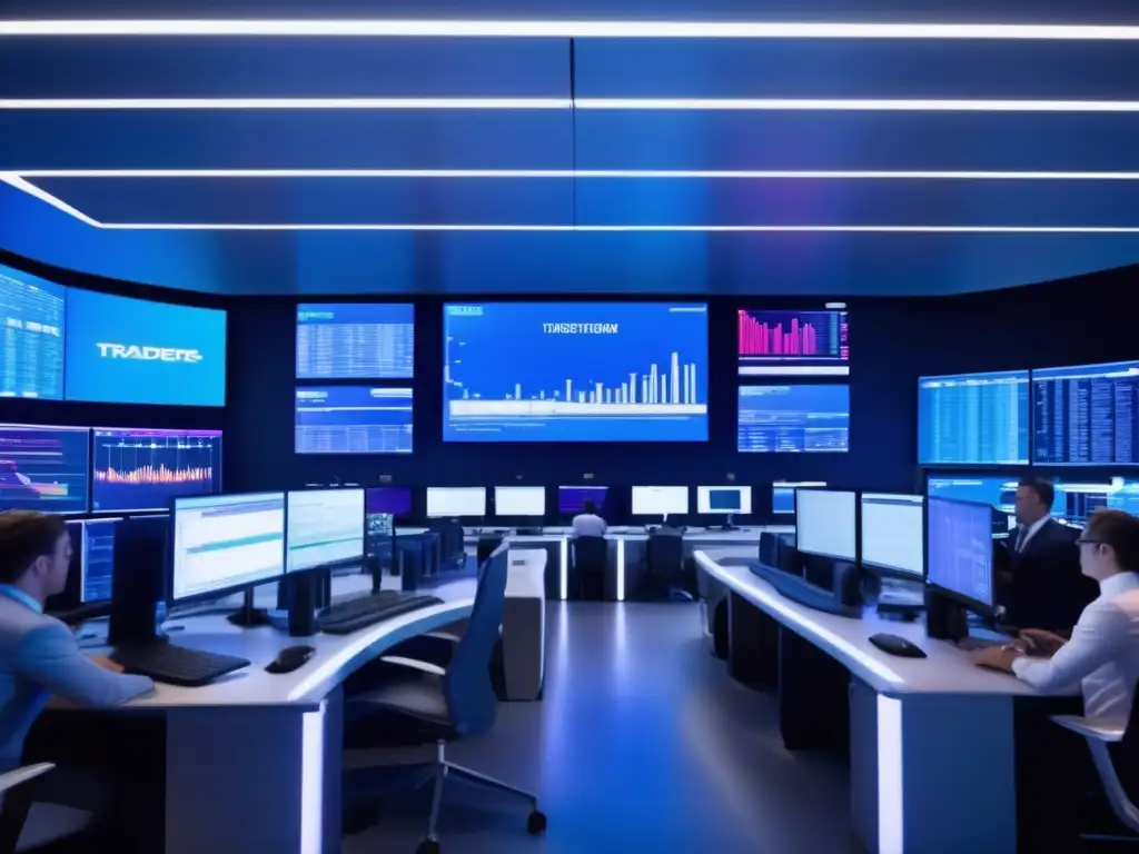 Traders en piso financiero moderno Imagen: Piso de trading financiero moderno, traders en trajes, monitores y visualizaciones de datos, estrategia de inversión en swaps