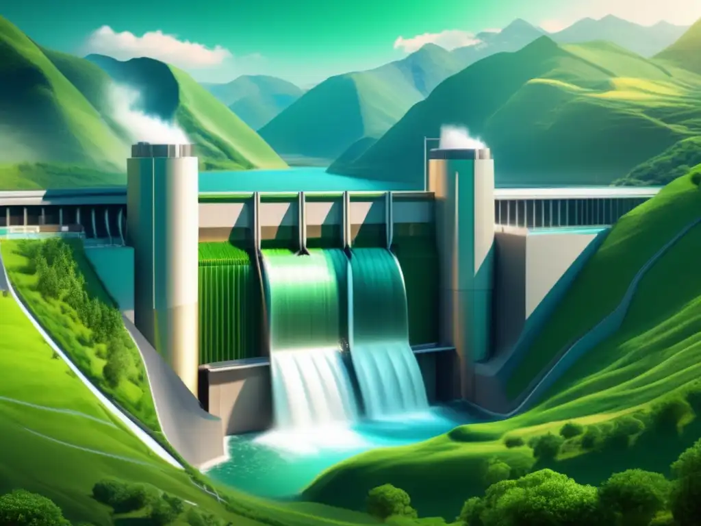 Central hidroeléctrica en valle verde con montañas Imagen de planta hidroeléctrica 8k en valle verde rodeado de montañas - Corriente subterránea de éxito financiero