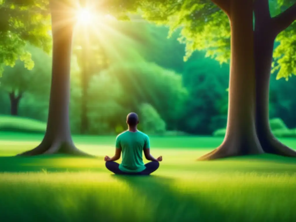 Meditación en el prado verde Imagen de meditación y relajación en un prado verde rodeado de árboles, transmitiendo tranquilidad y paz