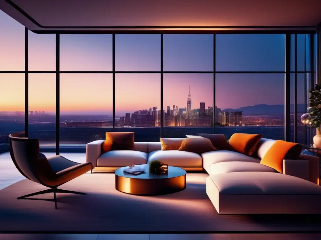 Moderno salón con ventanales y vista panorámica nocturna Imagen de salón moderno con vistas panorámicas nocturnas - Psicología comprador vivienda: vender mejor