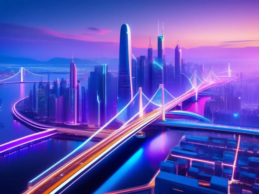 Ciudad futurista iluminada por luces de neón Imagen de skyline de ciudad futurista con rascacielos iluminados por luces neón y redes de puentes