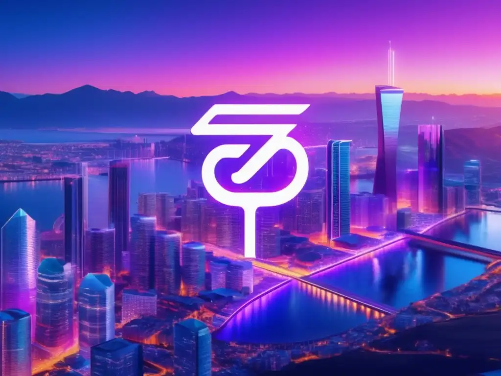 Plataforma Tezos: Ciudad futurista y colaborativa Imagen 8k de Tezos: plataforma blockchain con autogobierno