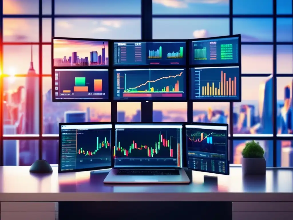 Trading desk con monitores y gráficos financieros Imagen: Trading desk con pantallas, gráficos y ciudad - Estrategias trading opciones rendimiento superior