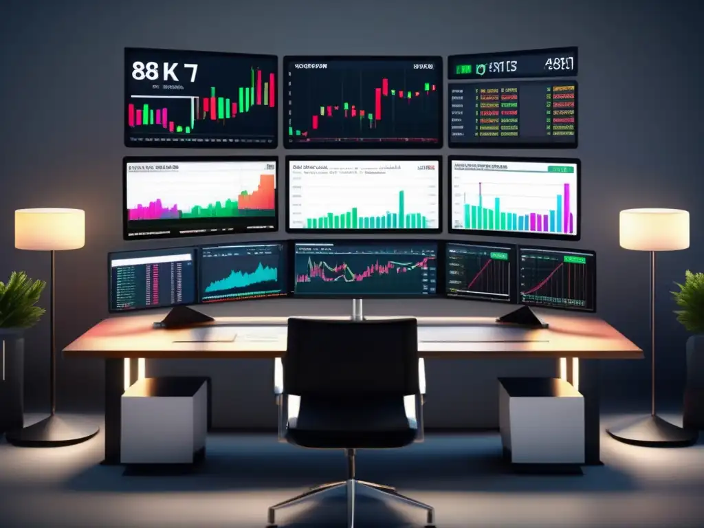 Trading desk con gráficos de stock en tiempo real Imagen de trading desk con pantallas mostrando gráficos en tiempo real y el indicador Bandas de Bollinger, ajustes estrategia Bandas de Bollinger