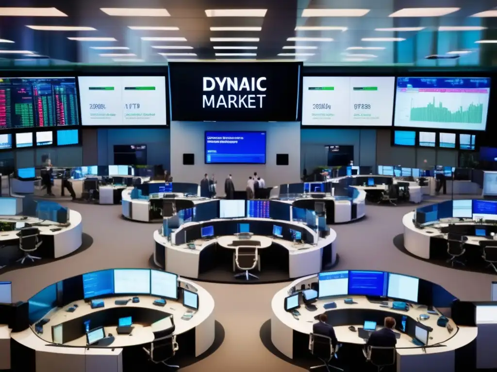 Piso de negociación de bolsa dinámico y moderno Imagen: Trading floor moderno con traders y cadena de reacciones en mercados