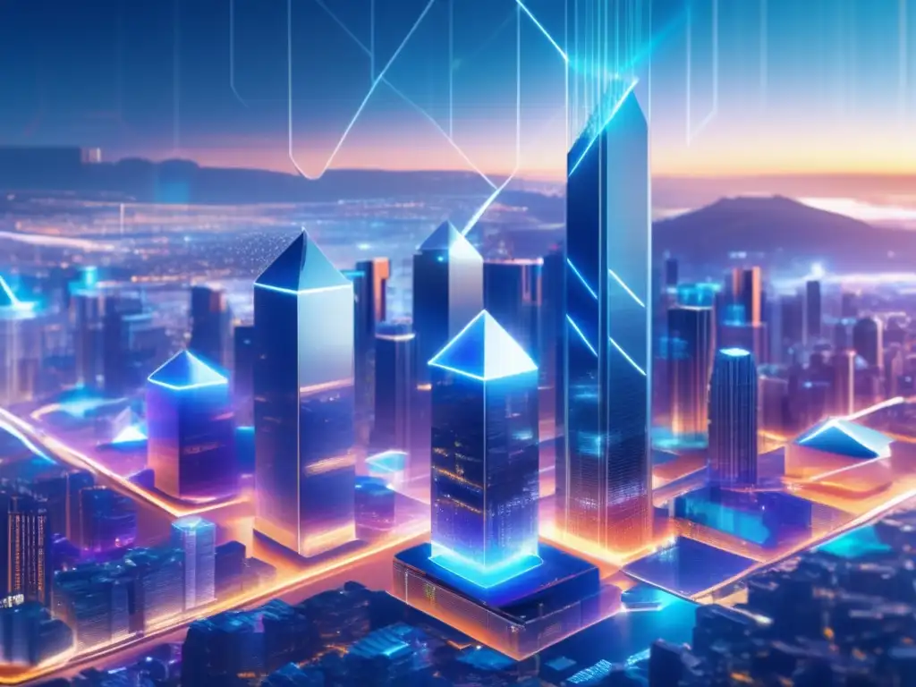 Ciudad futurista con edificios transparentes Imagen: Transparencia en inversiones blockchain, ciudad futurista con edificios transparentes revelando la red blockchain