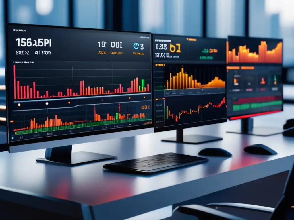Trading desk con pantallas mostrando datos y gráficos en tiempo real Imagen ultradetallada de un moderno escritorio de trading con múltiples pantallas que muestran gráficos y datos bursátiles en tiempo real