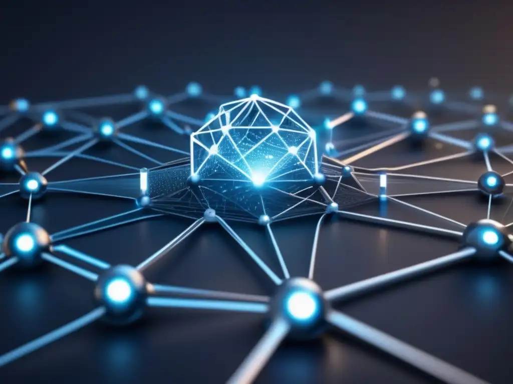 Importancia de un alto hashrate en la red Imagen ultradetallada 8k de una red de nodos y servidores, simbolizando la importancia de alto hashrate en protección de la red