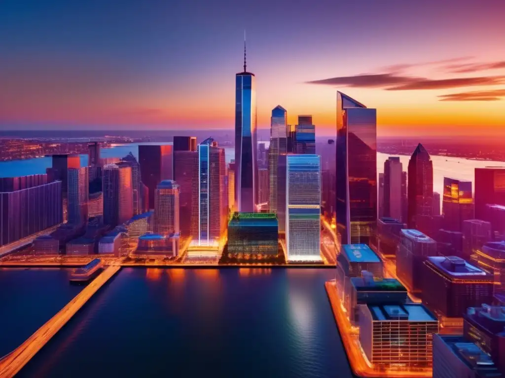 Impresionante ciudad moderna al atardecer Imagen urbana al atardecer con rascacielos elegantes iluminados por el sol