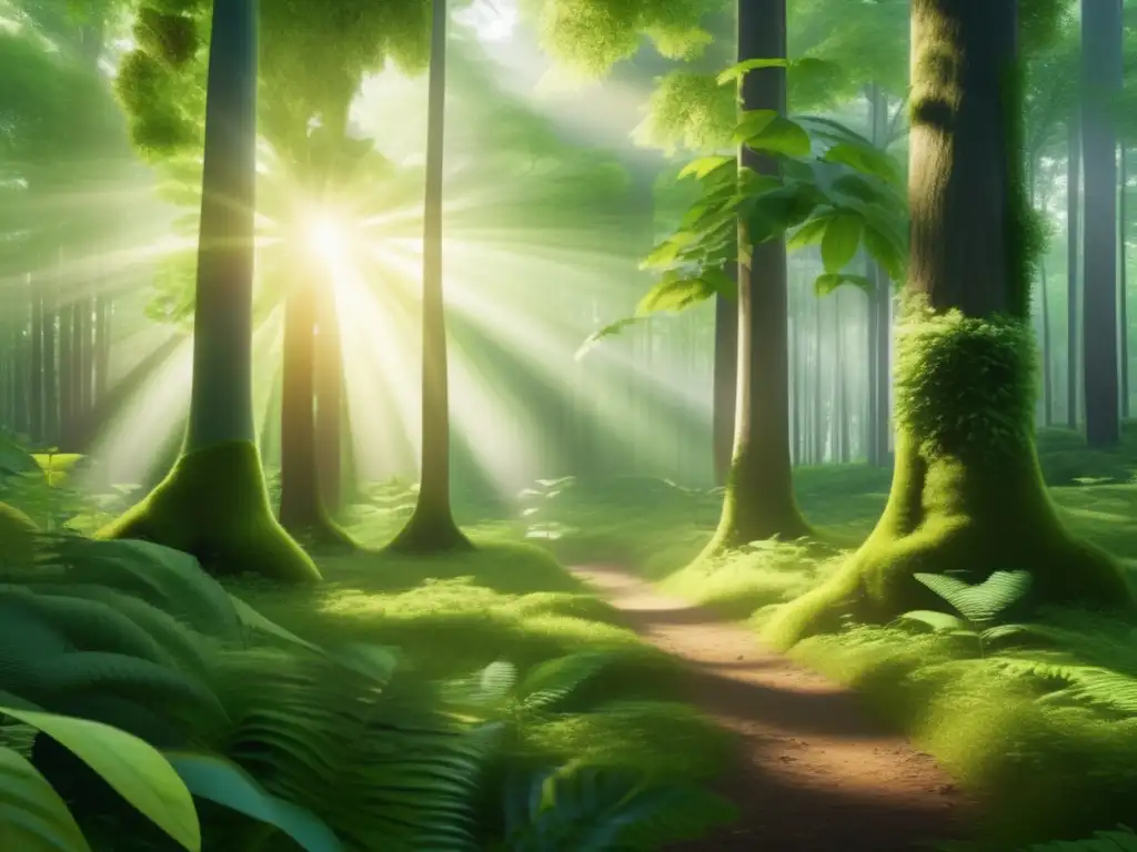 Bosque verde vibrante, representando los beneficios de los bonos verdes Imagen de bosque verde exuberante, representando los beneficios de bonos verdes para inversión sostenible