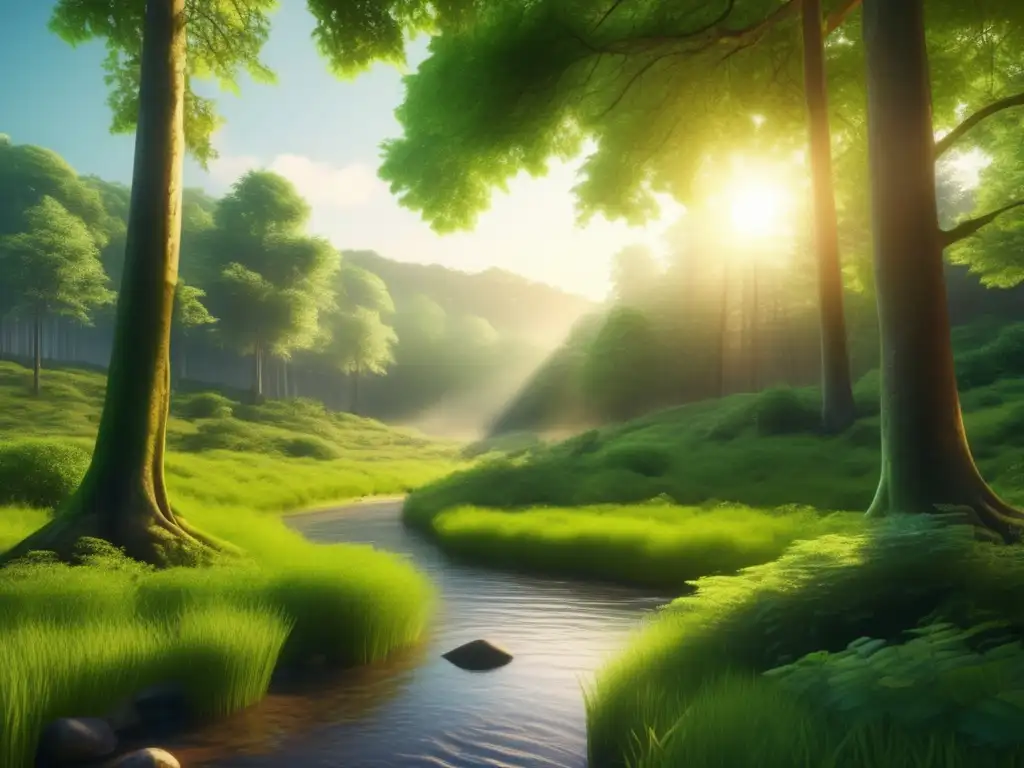 Bosque exuberante y vibrante en 8k Imagen de la revolución verde: bosque exuberante, luz dorada, corriente tranquila, inversiones sostenibles (110 caracteres)