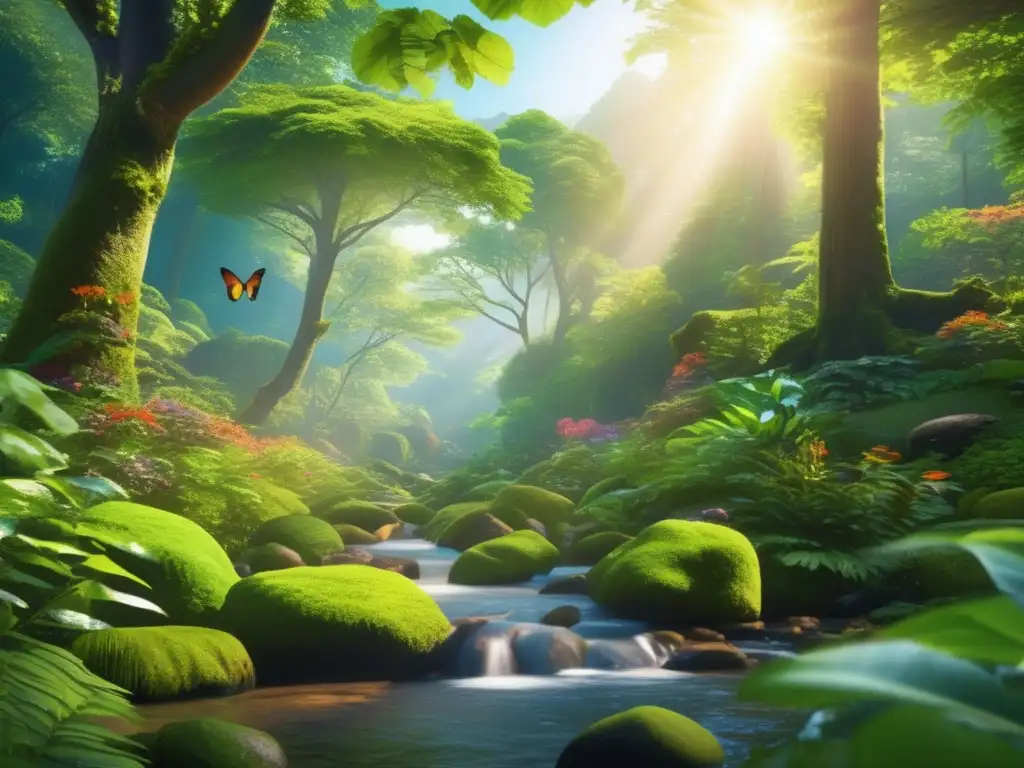 Bosque verde exuberante con vida diversa Imagen de bosque verde exuberante con luz solar y vida vegetal, simbolo de la importancia de normas ISO para inversiones verdes