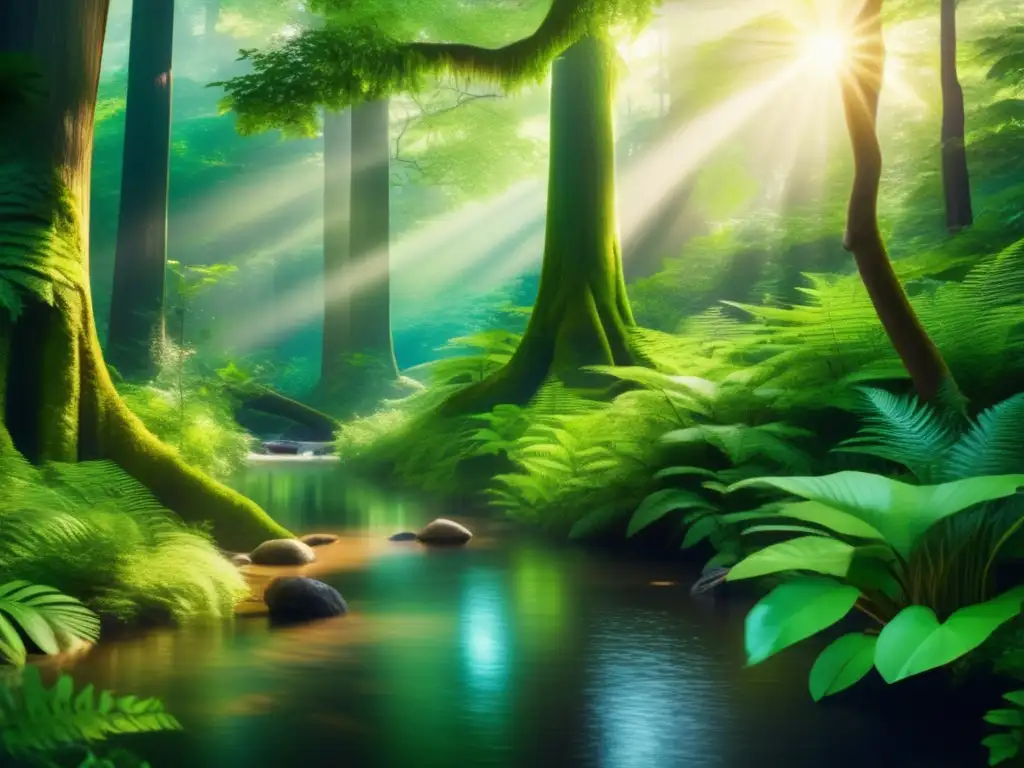 Bosque verde exuberante con rayos de sol filtrándose (50 caracteres) Imagen: Bosque verde con rayos de sol