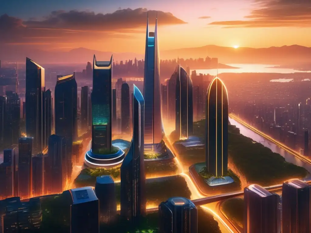Ciudad futurista vibrante al atardecer Una impactante imagen ultradetallada en 8k que muestra una ciudad futurista y vibrante al atardecer