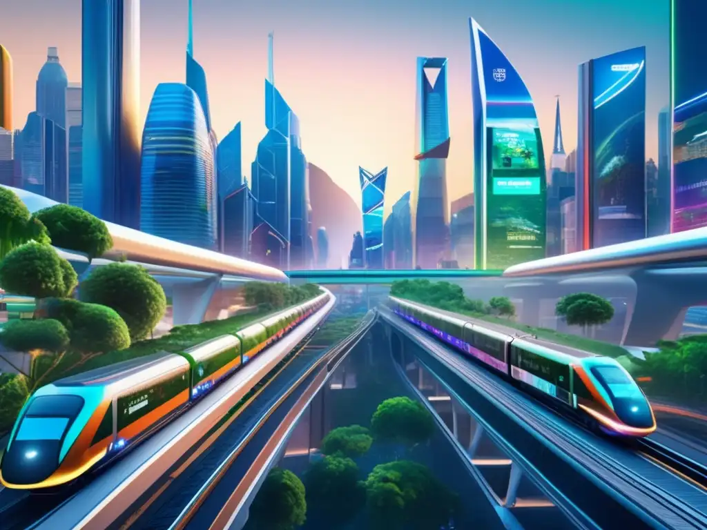 Futuro del comercio global Impacto acuerdos comerciales inversión global: Futurista ciudad con rascacielos, transporte eficiente y colaboración empresarial
