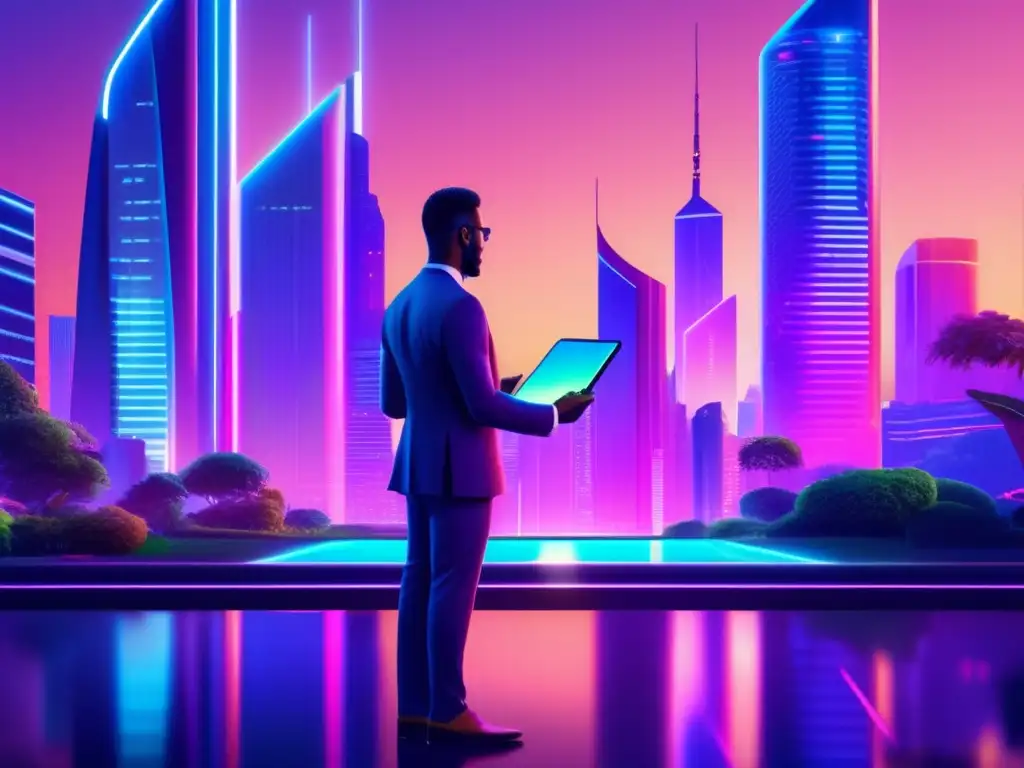 Ciudad futurista al atardecer: comercio global e interconexión Impacto acuerdos comerciales inversión global: Futurista ciudad de noche con rascacielos iluminados, jardines exuberantes y empresario con tablet