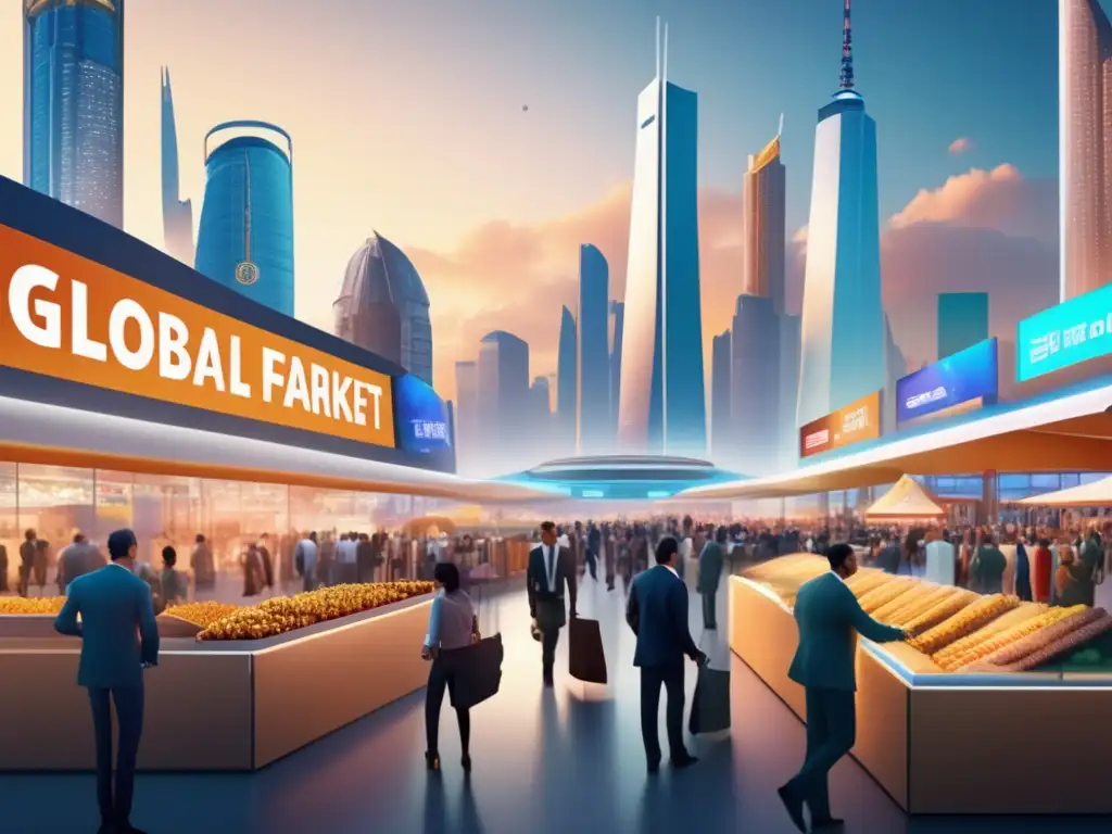 Mercado global en ciudad futurista Impacto acuerdos comerciales: inversión global
