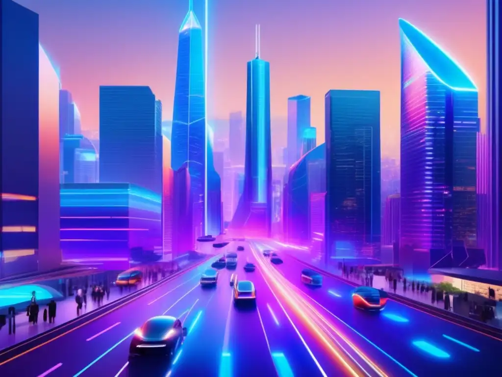 Futuro financiero: IA y Fintech Impacto AI en Fintech: Futurista distrito financiero con rascacielos modernos, hologramas y profesionales discutiendo