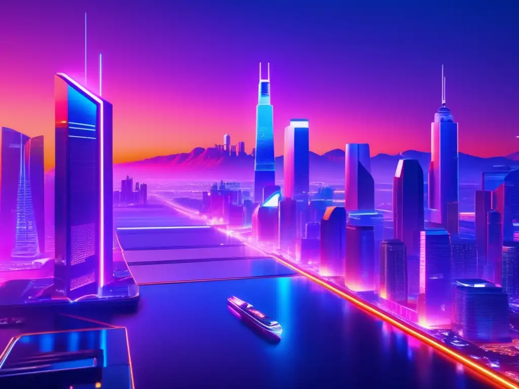 Futurista ciudad hightech con IA y altcoins Impacto IA en Altcoins, ciudad futurista 8K con rascacielos, IA y vehículos autónomos, luces neón y puesta de sol