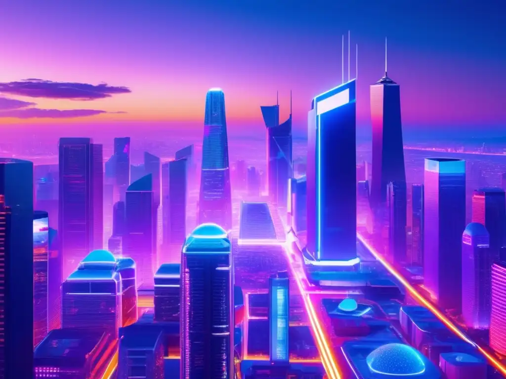 Ciudad futurista con rascacielos iluminados por luces de neón Impacto IA en Altcoins- Ciudad futurista con rascacielos iluminados por luces neón, drones y hologramas de altcoins