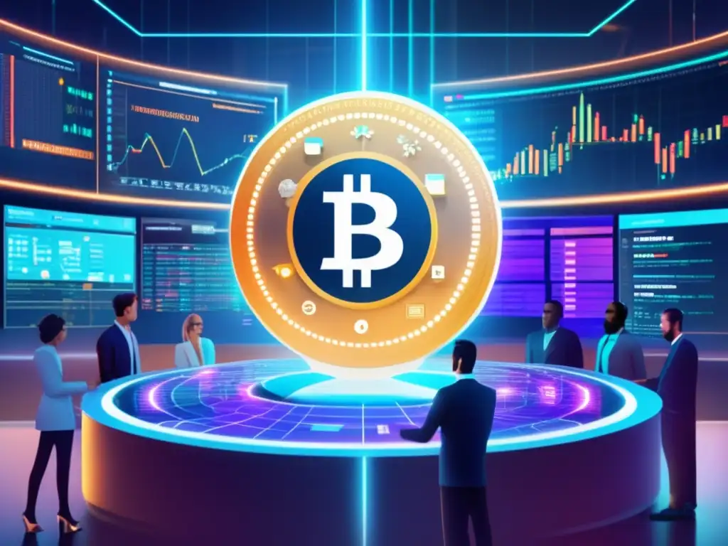 Futuro trading criptomonedas con IA Impacto IA en Altcoins: Futuro trading con IA, traders, gráficos y globos holográficos