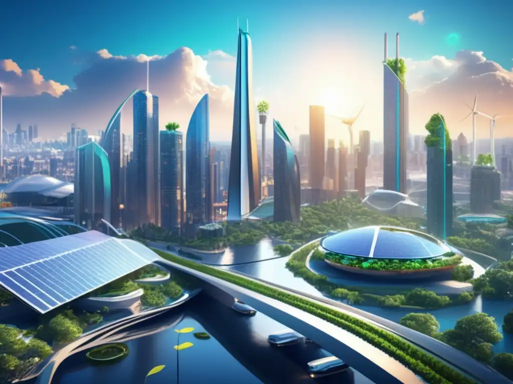 Metrópolis futurista eco-amigable con criptomonedas Impacto ambiental de las criptomonedas en una ciudad futurista con tecnología sostenible y naturaleza integrada
