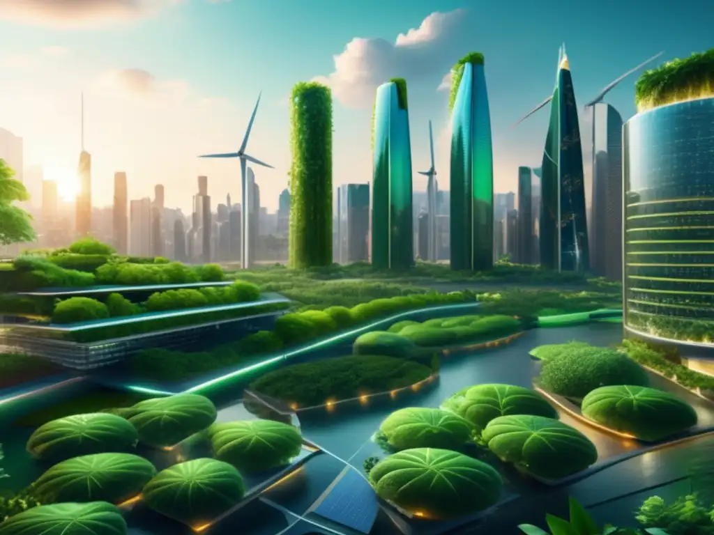 Ciudad sostenible con criptomonedas Impacto ambiental de las criptomonedas: Futurismo y sostenibilidad en una ciudad ecológica con energías renovables