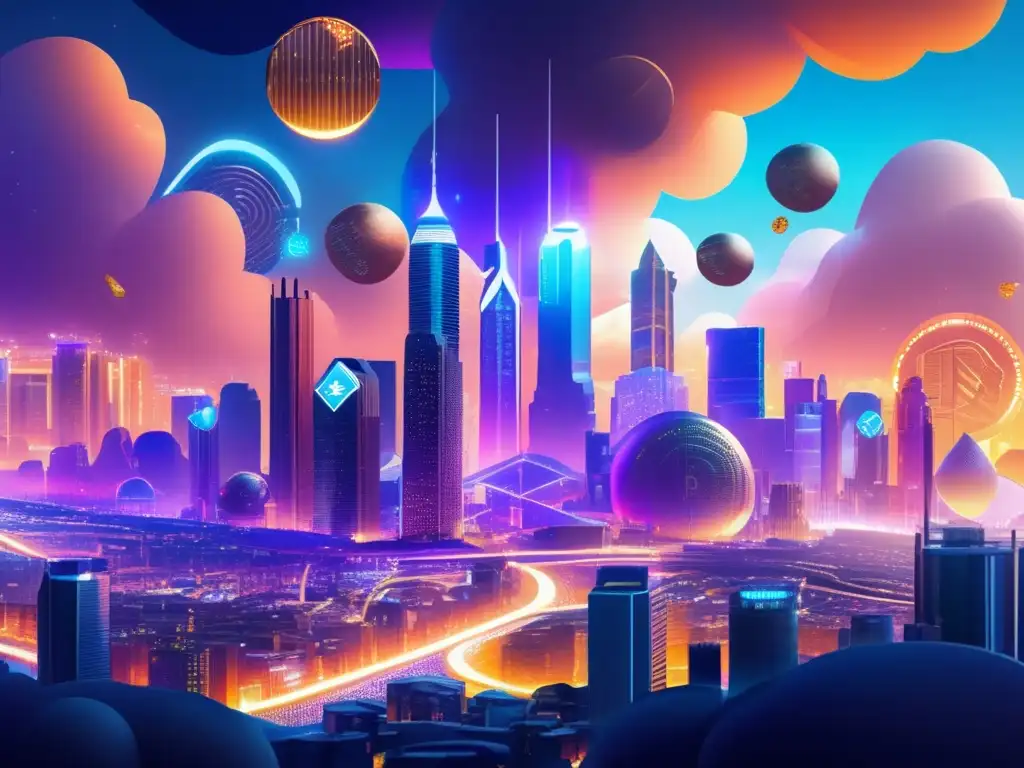 Futuro oscuro de las criptomonedas Impacto ambiental de las criptomonedas: Futuro ciudad cripto con rascacielos de símbolos y luces LED, emitiendo humo y devastando recursos naturales