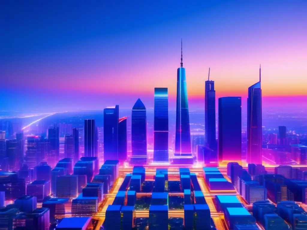Ultramoderna ciudad futurista al atardecer Impacto análisis datos REITs: ciudad futurista con rascacielos de vidrio y acero, iluminada por luces multicolores reflejadas en fachadas