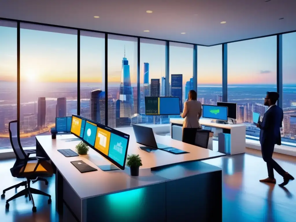 Oficina moderna con análisis de datos Impacto del análisis de datos en REITs: Oficina moderna con profesionales analizando datos en pantalla interactiva