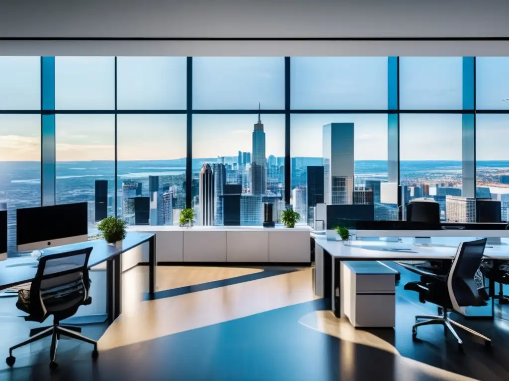 Oficina moderna con profesionales y tecnología Impacto del análisis de datos en REITs: oficina moderna con profesionales colaborando y utilizando tecnología de vanguardia