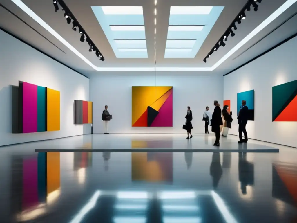 Arte contemporáneo en galería Impacto museos: galería arte 8k, instalación contemporánea suspendida, diálogos sofisticados, ciudad moderna al fondo