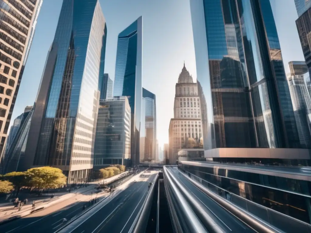 Distrito financiero moderno y futurista Impacto Bancos Centrales: distrito financiero moderno con rascacielos de vidrio, representando poder e influencia en la economía