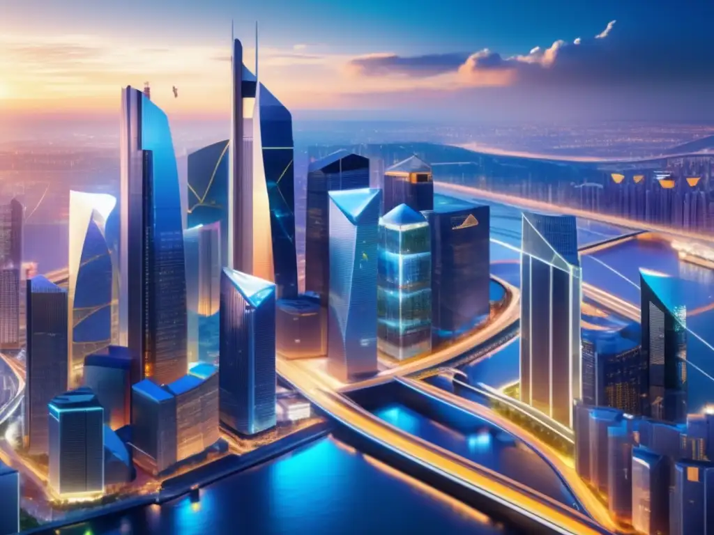 Impacto de bancos centrales en mercados financieros Impacto Bancos Centrales: Futurista ciudad financiera con gráficos, criptomonedas y símbolos de mercado