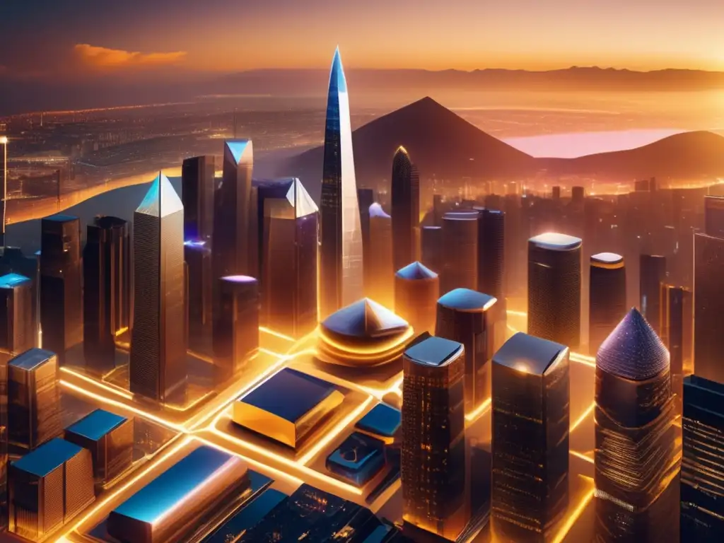 Impacto de Blockchain en inversiones: Futurista ciudad con rascacielos, criptomonedas holográficas y red blockchain transparente