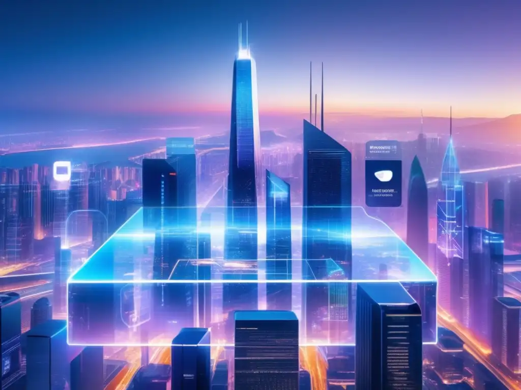 Impacto de Blockchain en inversiones: Futurista ciudad con rascacielos de vidrio y acero, hologramas y profesionales usando tecnología avanzada